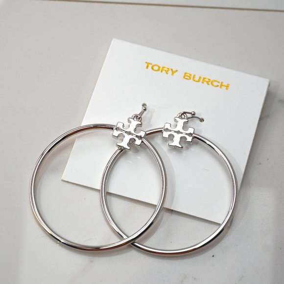 Tory Burch Stacked-T Logo Hoop Earrings in Silver (NWT) - Picture 3 of 6